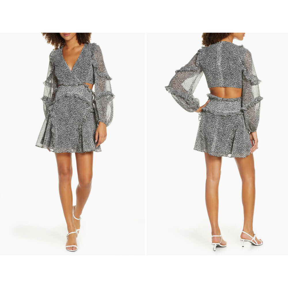 Bardot women'sLong Sleeve Mini Dress In Black And White Leopard Size 8 US M $179